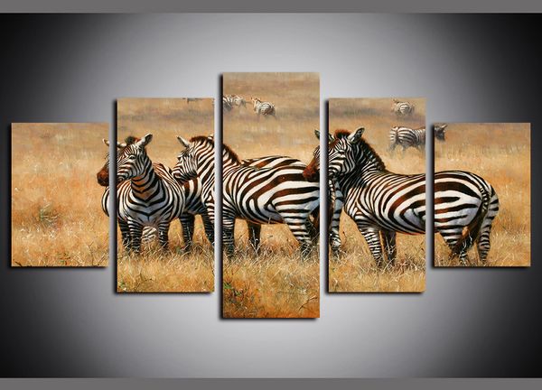 

5 panels canvas prints wall art paintings grassland animal zebras landscape artworks oil paintngs on canvas giclee pictures wall decor