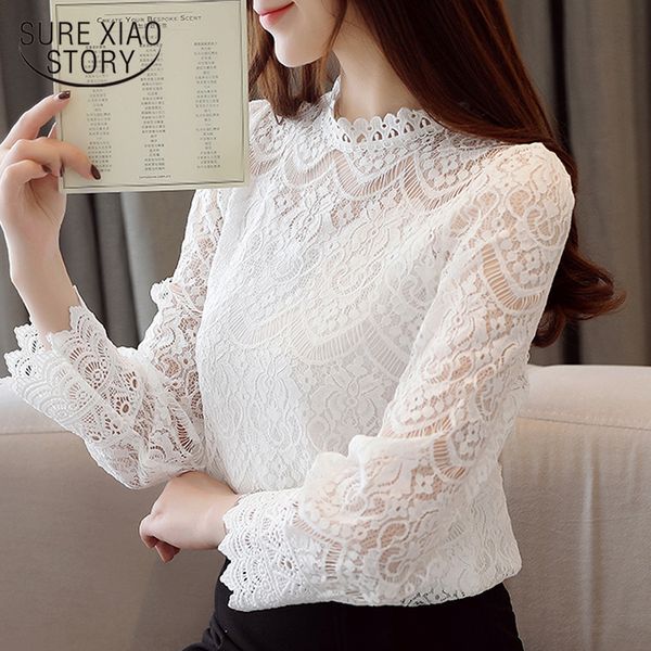

fashion womens and blouses 2019 stand collar hollow lace blouse shirt female flare long sleeve women shirts 2659 50, White