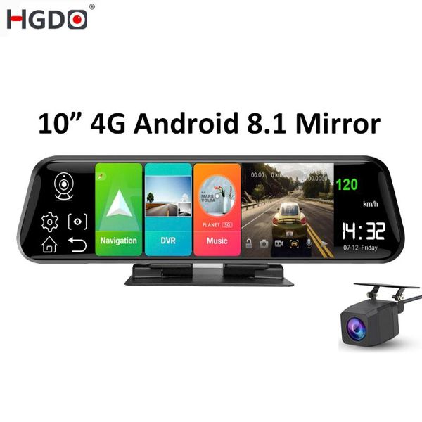 

hgdo 10" 4g car dvr camera android 8.1 stream media rear view mirror fhd 1080p wifi gps dash cam registrar video recorder adas