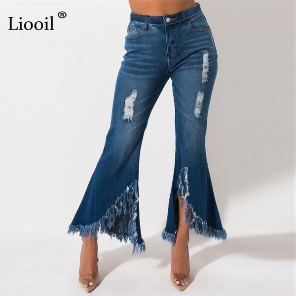 

liooil blue tassel ripped jeans for women club hole skinny denim jeans woman 2019 high waist pencil pants bell bottom