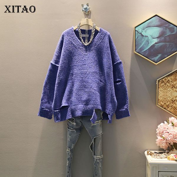 

xitao v neck plus size women sweater hole loose autumn winter clothes women korean style knitwear solid color pullover wld2675, White;black