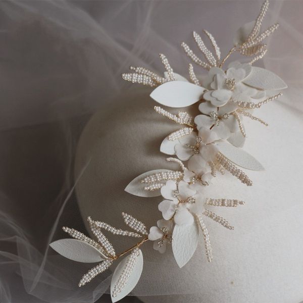 

generous handmade floral bridal hair clip crown pearls wedding jewelry women party prom headpiece hair accessories, Golden;white