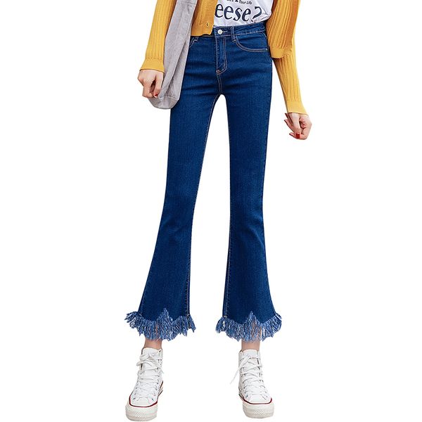 

2020 spring and summer models fringed edging micro-flare nine points jeans female chic stretch was thin high waist korean pants, Blue
