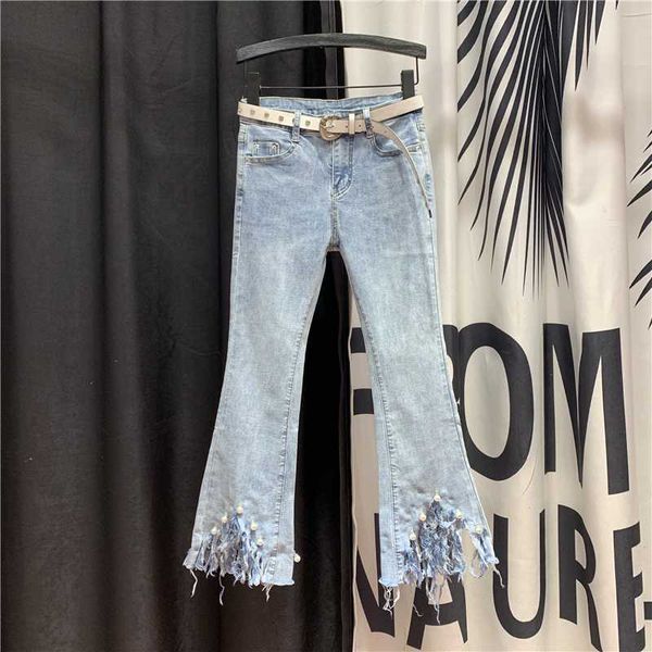 

korean 2020 spring new flared pants high waist was thin micro-la jeans personalized edge beaded micro-la pants women's jeans, Blue