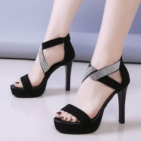 

summer cross-tied crystal lace-up platform sandals women thin high heels pumps cover heel nightclub party shoes women sandals, Black