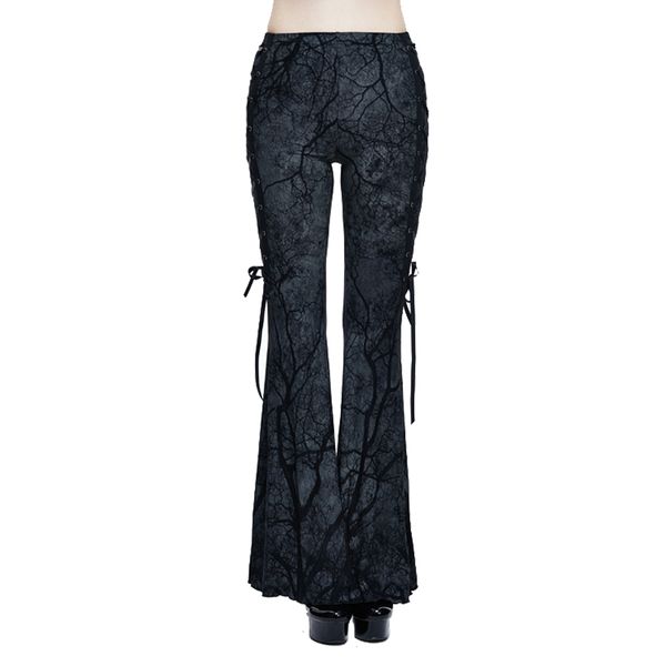 

punk women's bell-bottom trousers gothic branch printed stretch flare pants lace-up slim fit bodycon pants, Black;white