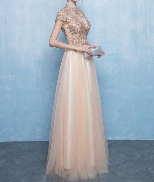 Collo alto Gole Champagne Prom Dress aperto indietro con Lace-up lunghezza del pavimento in tulle con paillettes brillanti perline maniche