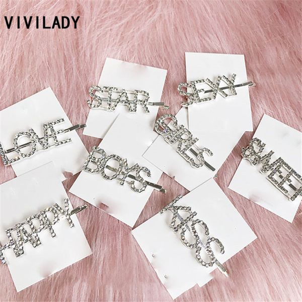 

vivilady imitation crystal letter chic women barrettes hairwear charming trendy korean design star kiss girl cute clips, Golden;silver