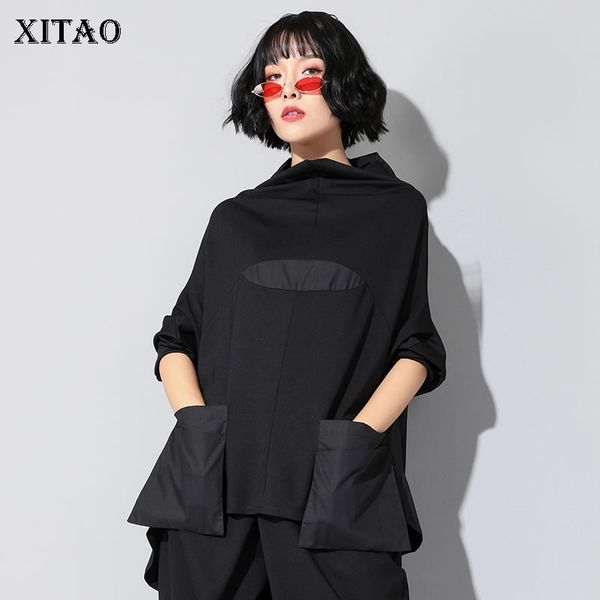

xitao harajuku patchwork pocket t shirt women stand collar plus size casual black streetwear female stitch korean summer lyh2877, White