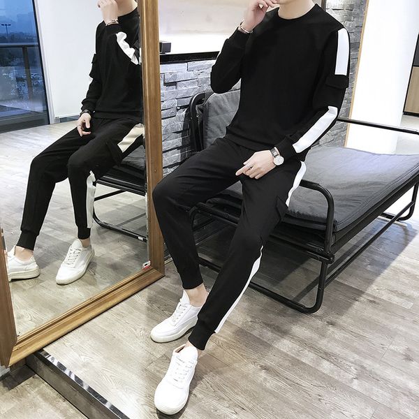

19 spring men's long sleeve color matching sweater suit male stitching large size sports suit, Gray