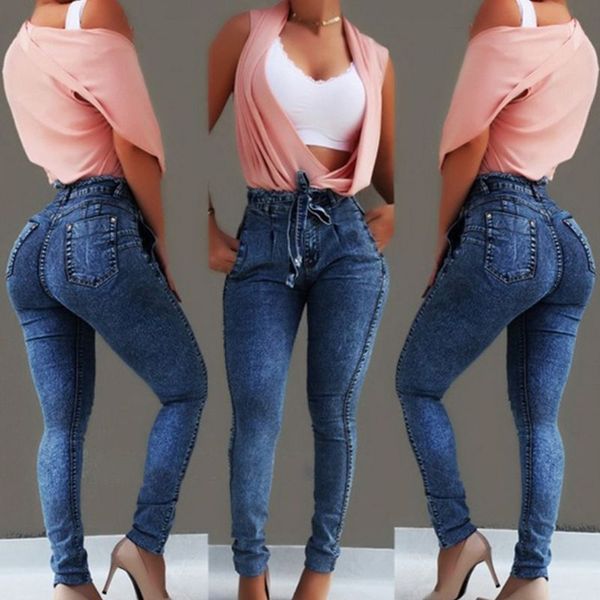 

women tassels high waist stretch skinny jeans slim bodycon pencil pants lace-up bandage belt push up denim long trousers, Blue
