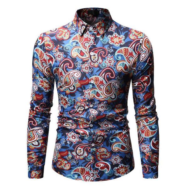 

long sleeve floral shirt male retro pattern social shirt for man hawaiian style blouse men dark gray blue, White;black