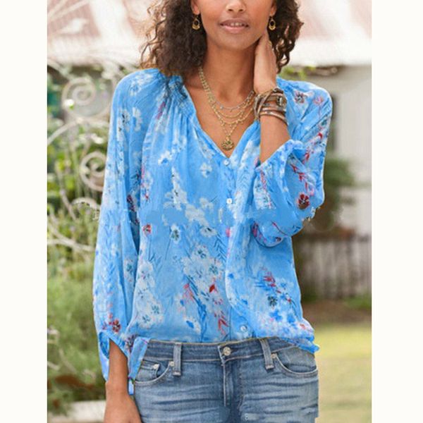 

new fashion v-neck blouses women floral printing shirts casual solid long sleeve office ladies loose oversized blusas mujer, White