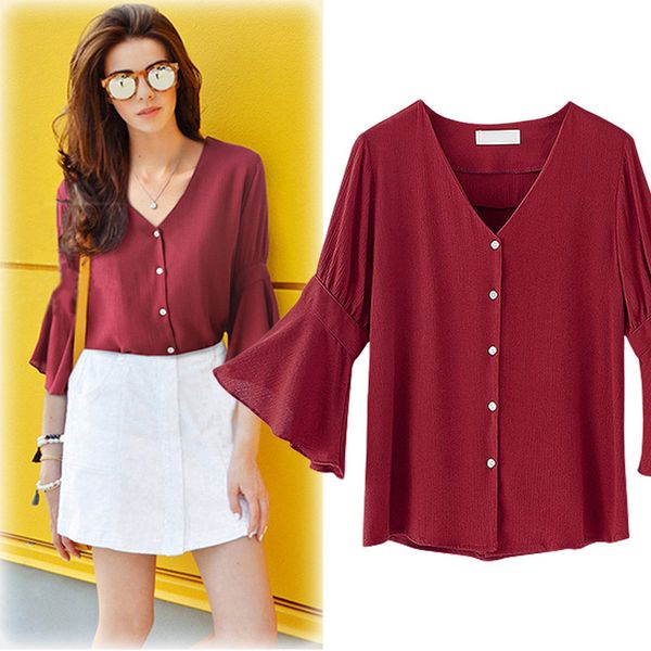 

women solid color shirts simple v neck 3/4 sleeves loose for summer -mx8, White