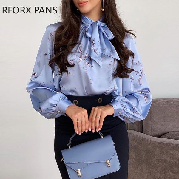 

bird print lantern sleeve stain blouse, White