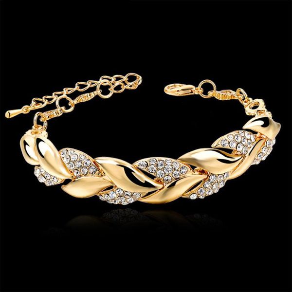

di-141 bohemian style women girls gold bracelet rhinestone leaves chain bangle luxury wedding jewelry simple fashion elegant new, Black