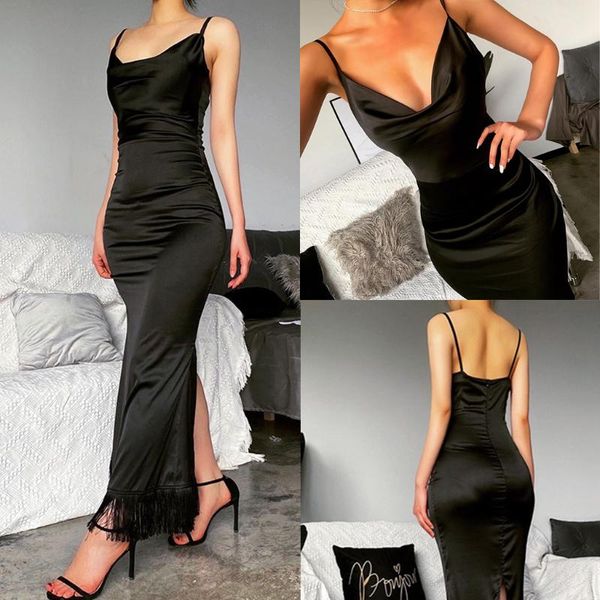 

2020 solid color suspender dress women summer fashion v-neck black tassels fork opening zipper strap evening dress