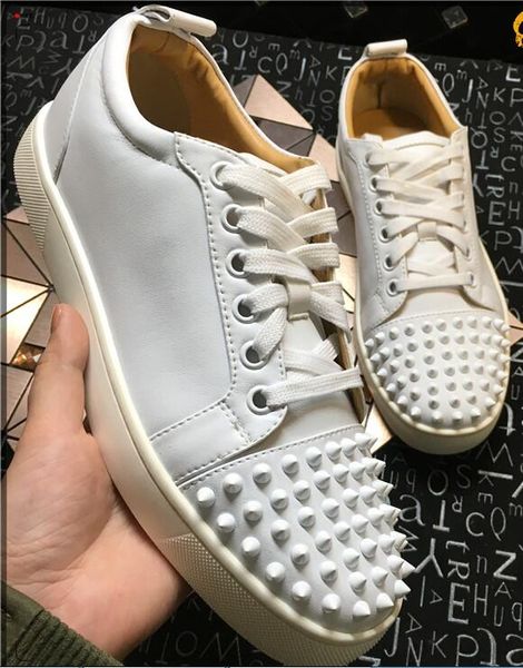 

2019ss new women men original box white leather spikes red bottom low flat shoes sneakers sole brand roller boat flat shoes, Black