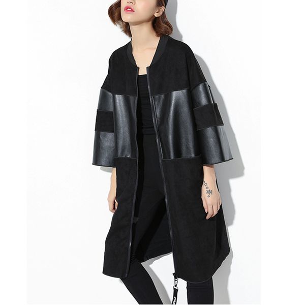 

sexemara 2019 autumn winter new pu splicing three quarter sleeve zipper open ladies fashion loose long coat cco010, Tan;black