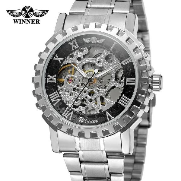 

winner skeleton automatic mechanical watches gold men dress stainless steel bracelet sport luxury male clock business wristwatch, Slivery;brown