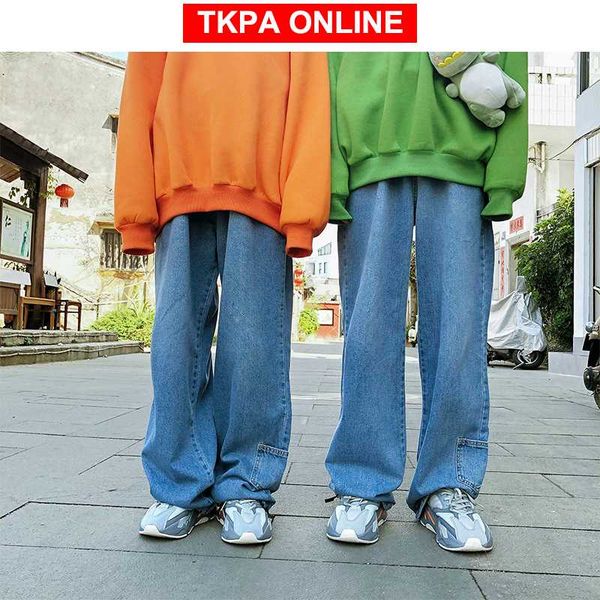 

men korean fashions high wasit jeans 2020 couple vintage straight harajuku harem pants blue streetwear denim pants