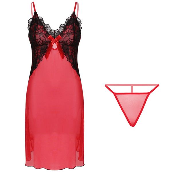 

underwear sling nightdress transparent mesh lace women's clothing temptation set, Red;black