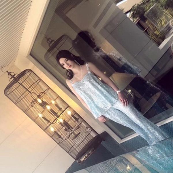 

2019 summer new summer blue sequin flower vest trouser suit slash neck sweet women clothes, White