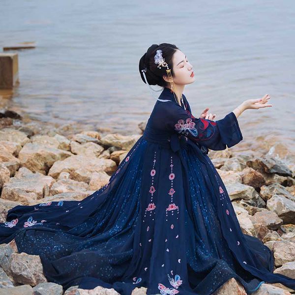 

«над ветер» женская китайский стиль vintage платье шикарное элегантный hanfu длинное платье комплект: рубашка ruqun юбка шарф красный синий, White