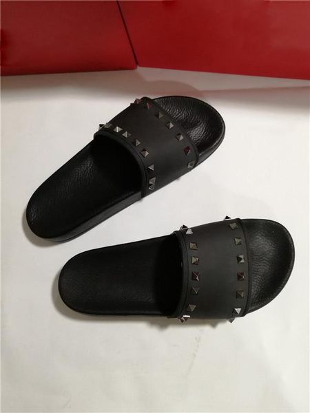 

men women slippers with box luxury designer ladies beach slipper espadrilles rivet stud slippers non-slip leather mens casual spikes shoes, Black