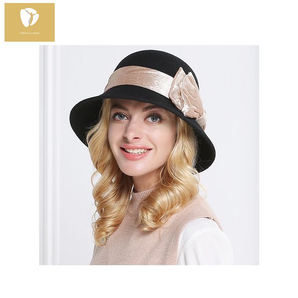

autumn and winter big bowknot pure wool hat ladies bowler vintage english small hat felt with frills, Blue;gray