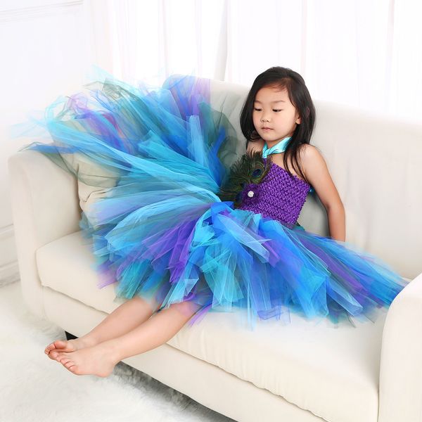 

girls fashion feather stage wear children front short long back performance wear amazon peacock tailing costume, Red;yellow