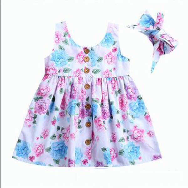 Bebê infantil designer infantil vestido regata floral com faixa de cabeça combinando botão de verão vestido de verão sem mangas infantil roupas para meninas