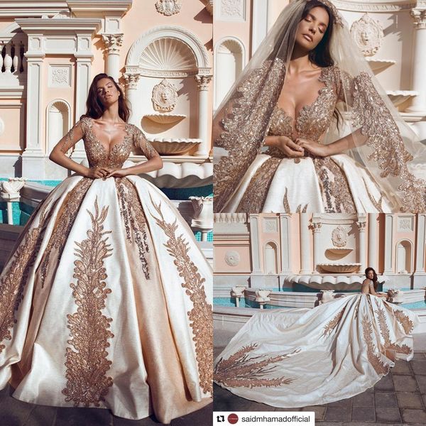 

2019 new said gold appliques ball gown wedding dresses princess sheer scoop neck long sleeves appliqued bridal gowns formal chapel train, White