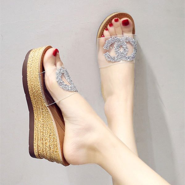 

viscose transparent fashion 2018 designer luxury crystal wedge women shoes slides spring summer platform slippers ladies heels, Black