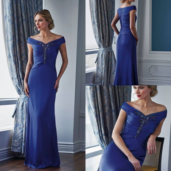 Off Schulterfalten Mutter der Braut Kleider ärmellose bodenlange Partykleider elegante blaue Meerjungfrau Prom Kleid