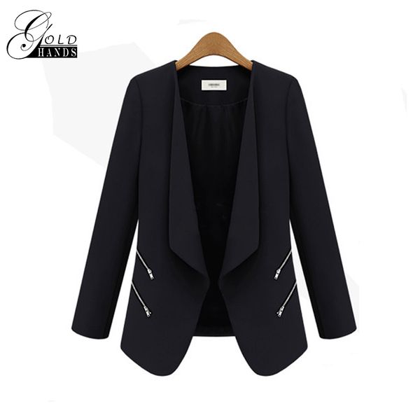 

gold hands women blazer 2019 autumn personalized zipper pocket ladies cardigan blazers slim long sleeve solid jacket coat female, White;black