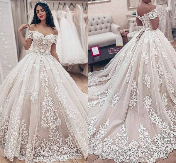 

off shoulder ball gowns wedding dresses lace appliques lace-up back bridal gowns puffy sweep train wedding dress, White