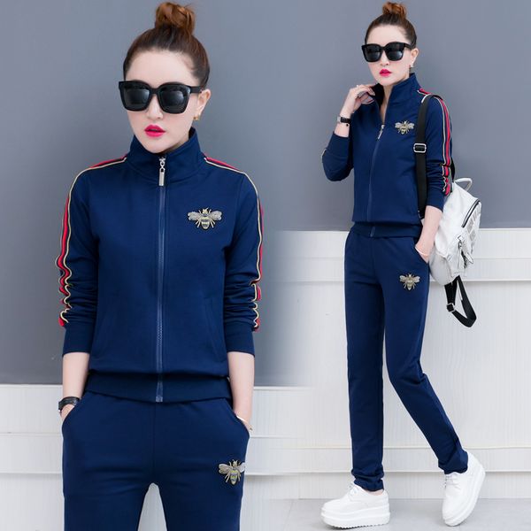 

spring women casual sport suit outfits stripe zip up jacket sweatshirt+pant jogging running athletic set sportswear tracksuit, Black;blue