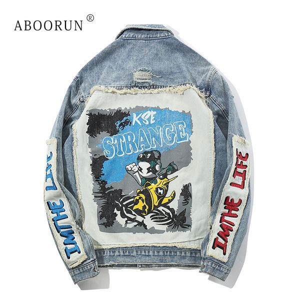 

aboorun hi street men's denim jackets hip hop oversized patchwork ripped jeans jackets streetwear male fashion autumn coat x1286, Black;brown