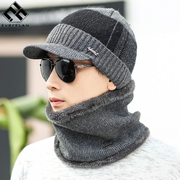

evrfelan brand knit men's winter hat ring scarf thick winter hats scarves for men beanie warm knitted hat and scarf set, Blue;gray