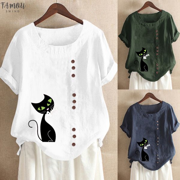 

women large size linen blouse 2020 casual plus size print cat long sleeve tunic shirt blusas mujer de moda 2020, White