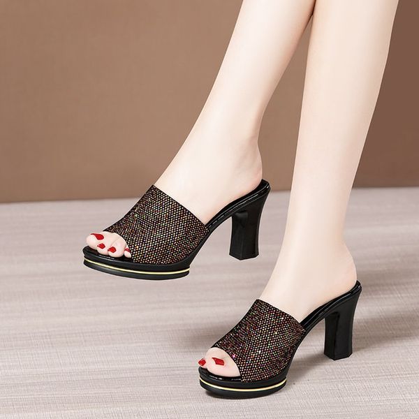 

high-heeled shoes lady slippers women summer rubber flip flops slides pantofle gold sandals med heels square hawaiian 2020, Black