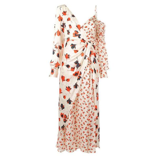 

french romantic wind 2019 autumn asymmetric printing long sleeves leakage shoulder slippery long paragraph dress female, Black;gray