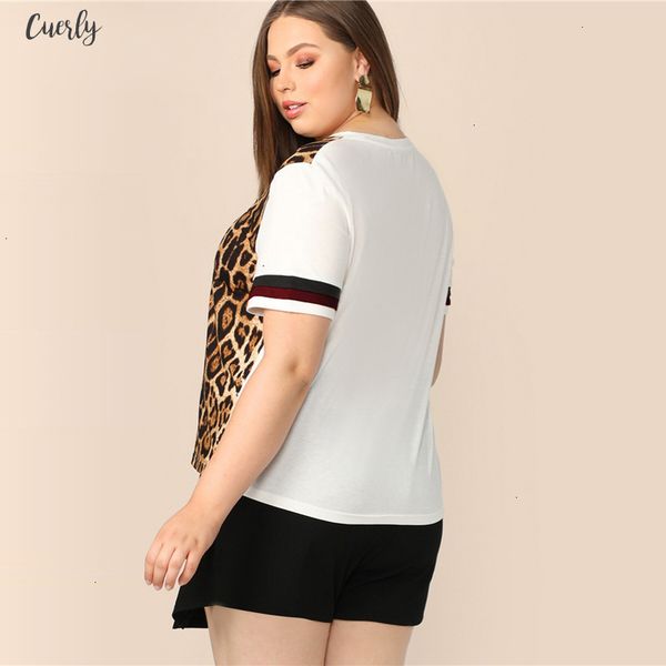 

plus size cut and sew striped leopard women 2020 summer colorblock casual round neck tee highstreet weekend t shirt, White