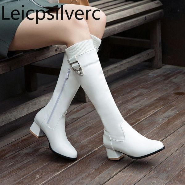

women's boots autumn and winter the new round head zipper belt bucke thick heel mid heel high tube women's shoes plus size 31-44, Black