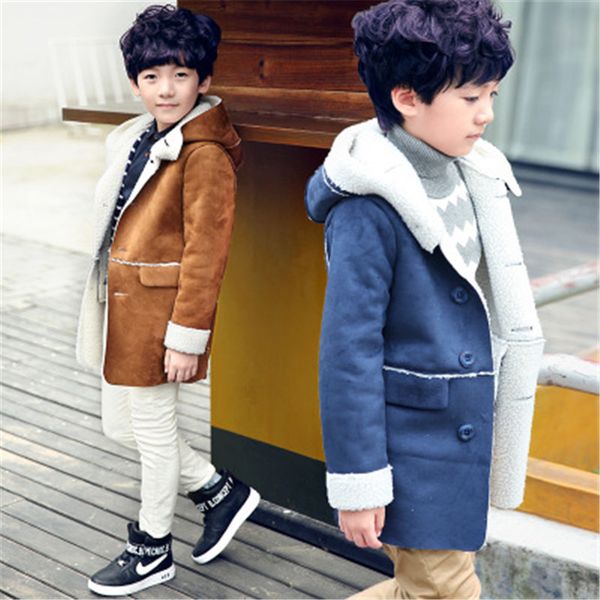 

baby boys winter warm outerwear thicken hooded faux leather fleece jacket kids boys outfit overcoat parka snowsuit boy clothes, Blue;gray