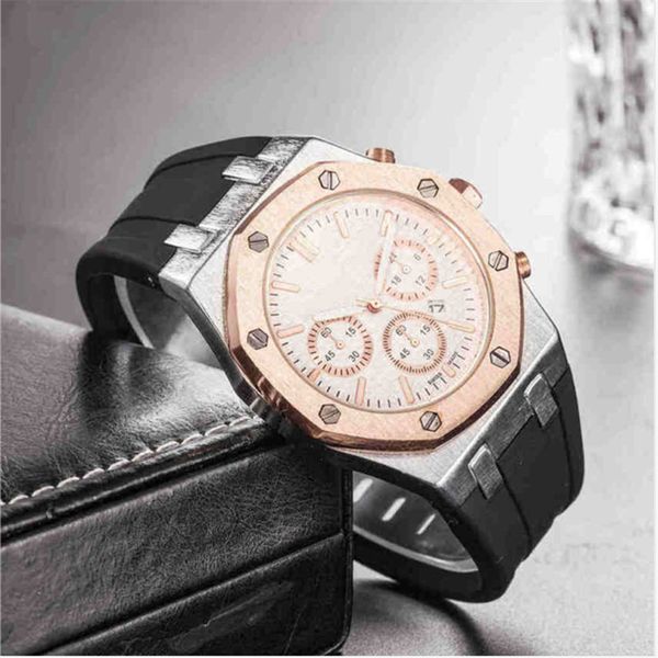 

mens luxe watches stainless steel clock dial sapphire quartz rubber strap watch for men gold sport casual wristwatches 05, Slivery;brown