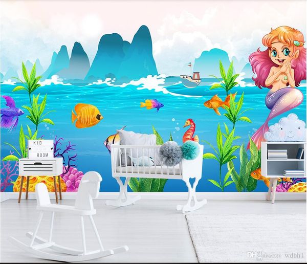 

3d room wallpaper custom p non-woven mural landscape underwater world cute cartoon mermaid children's room background wall wall-pap