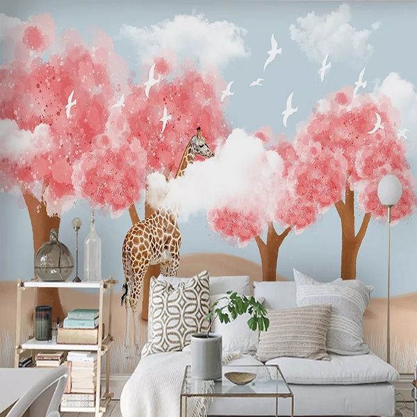 

new custom large mural 3d wallpaper cartoon pink tree giraffe children's bedroom mural tv back wall decor deep 5d embossed