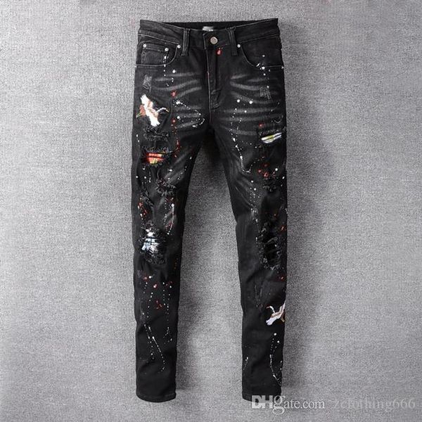 

2020 мужской дизайнер jeansribbon панелями узкие джинсы мужской мода тонкий fit моющийся техническое джинсовые заплаты хип-хоп мужчины брюки, Blue